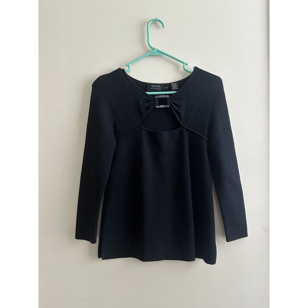 Dana Buchman Vintage Ribbed Knit Keyhole Top Square Ring Cutout Black S